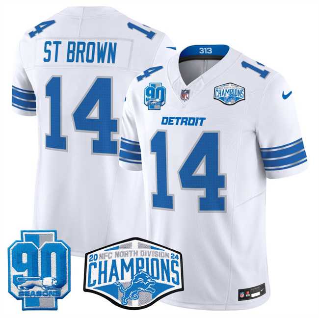 Men%27s Detroit Lions #14 Amon-Ra St. Brown White 2024 NFC North Champions 90th Anniversary Patch F.U.S.E. Vapor Limited Stitched Jersey